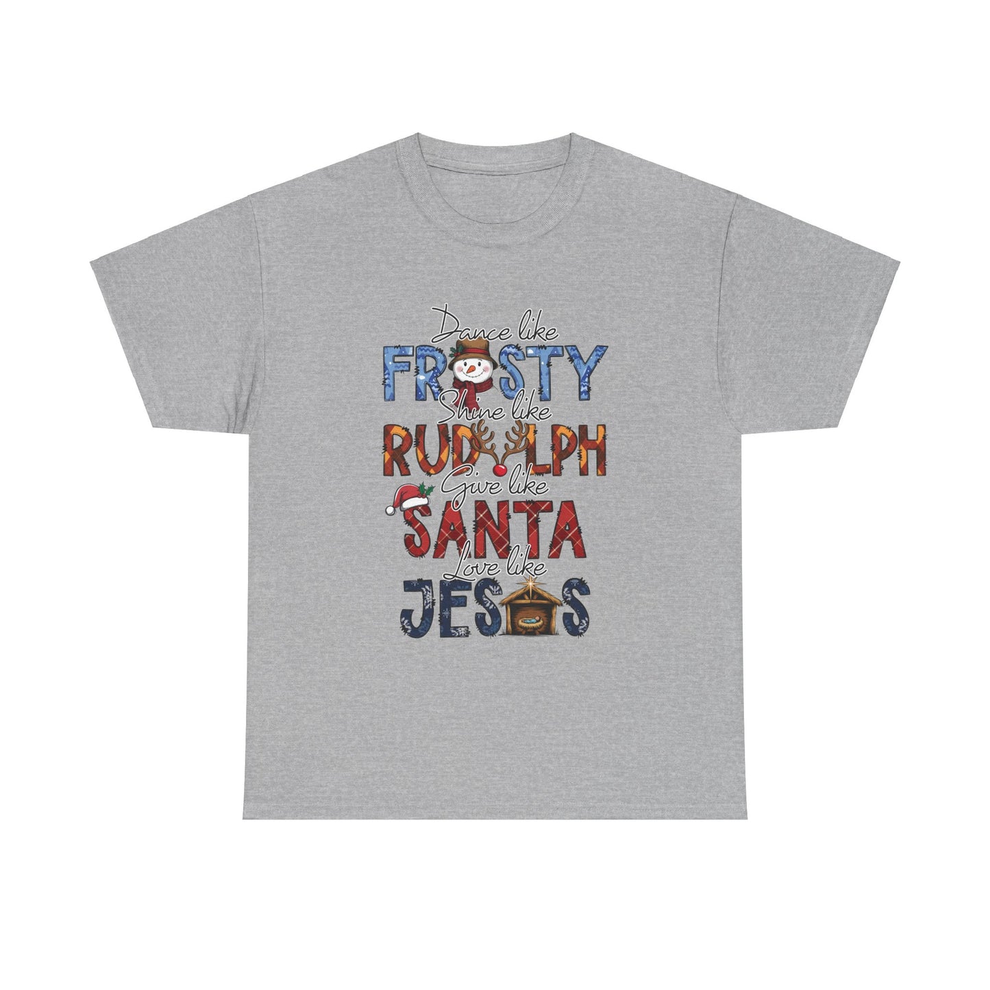 Christmas Themed Unisex Heavy Cotton Tee: Frosty, Rudolph, Santa, & Jesus