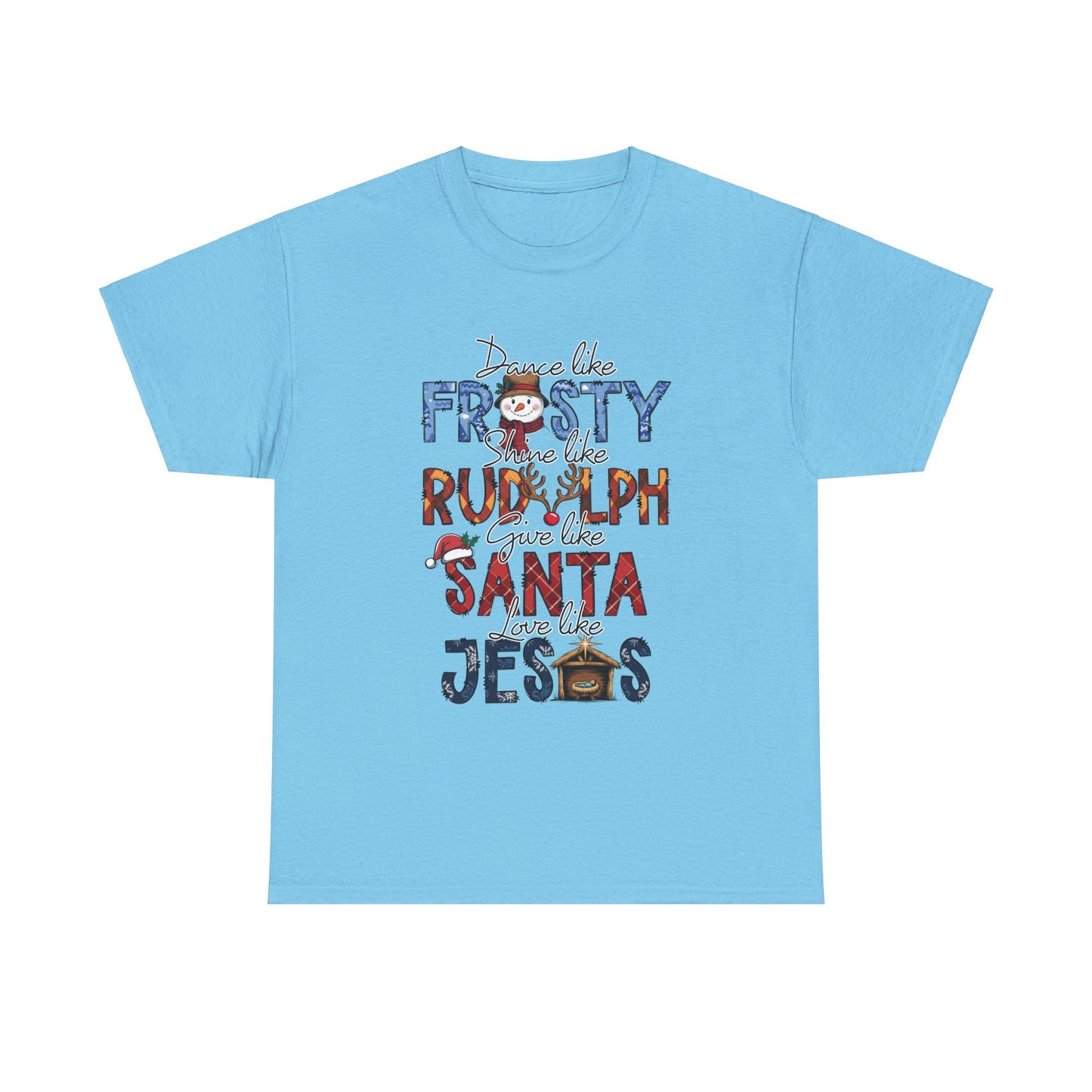 Christmas Themed Unisex Heavy Cotton Tee: Frosty, Rudolph, Santa, & Jesus