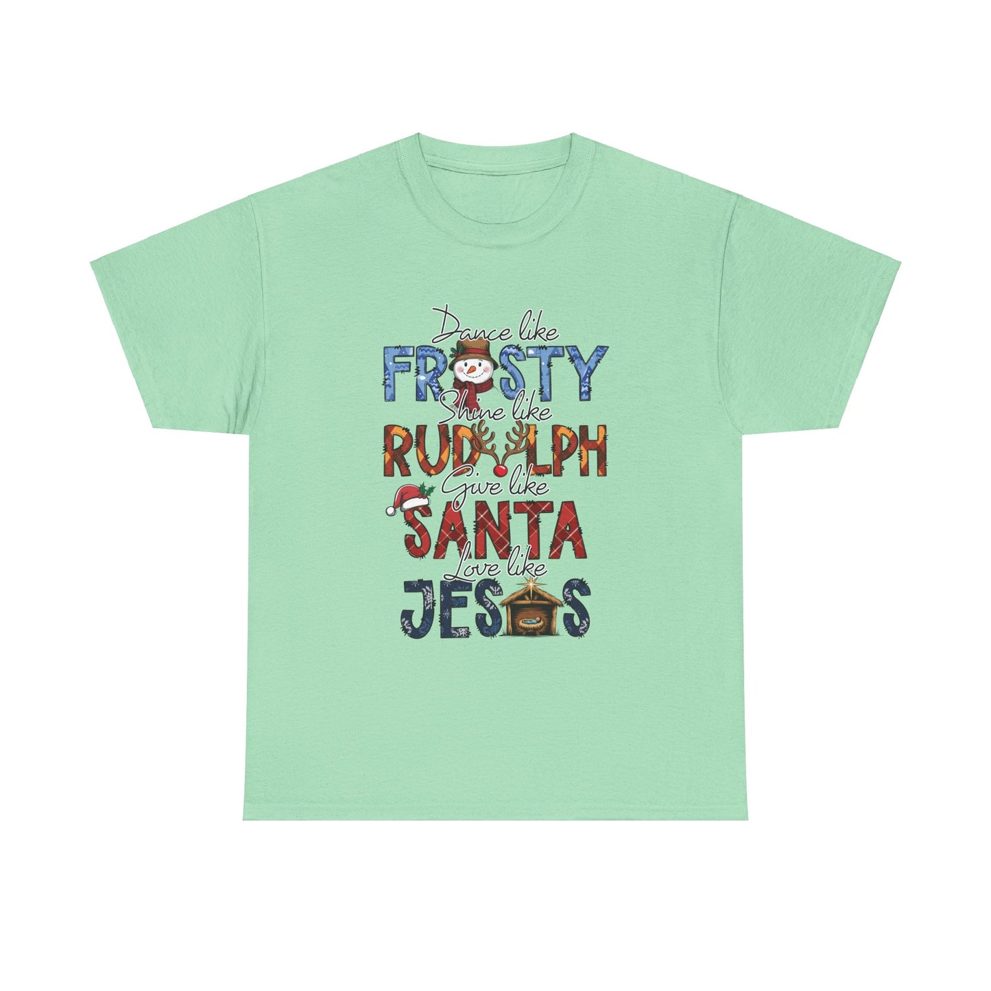 Christmas Themed Unisex Heavy Cotton Tee: Frosty, Rudolph, Santa, & Jesus