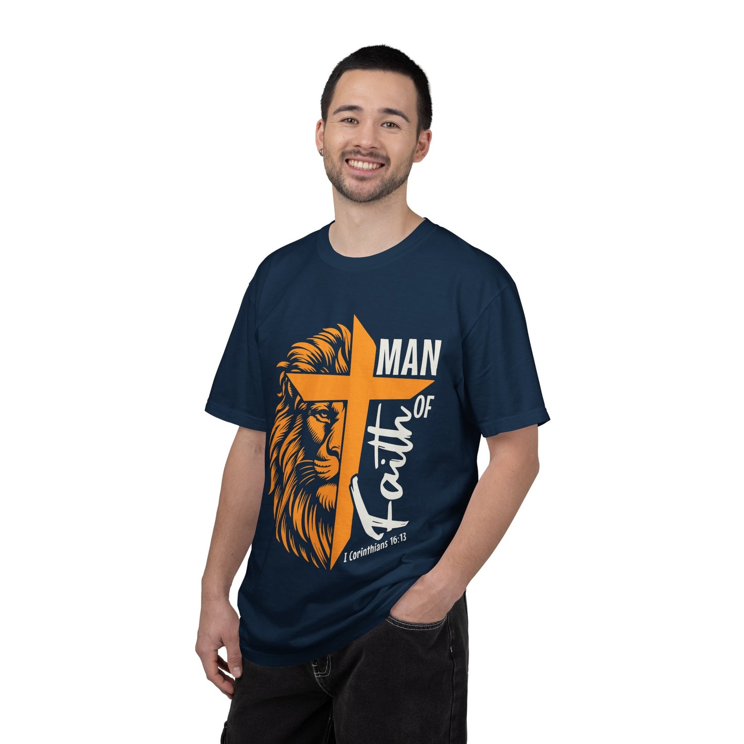 Faithful Lion Cross T-Shirt — "Man of Faith" Christian Tee (1 Corinthians 16:13)