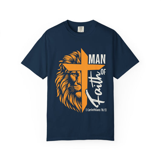 Faithful Lion Cross T-Shirt — "Man of Faith" Christian Tee (1 Corinthians 16:13)