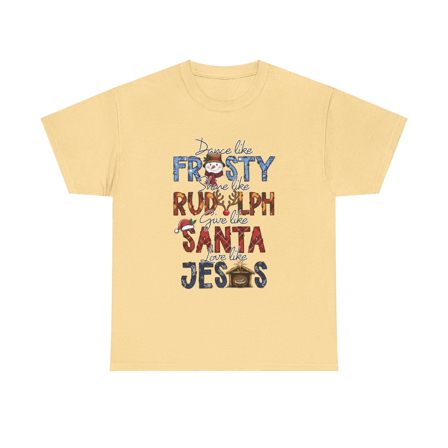 Christmas Themed Unisex Heavy Cotton Tee: Frosty, Rudolph, Santa, & Jesus